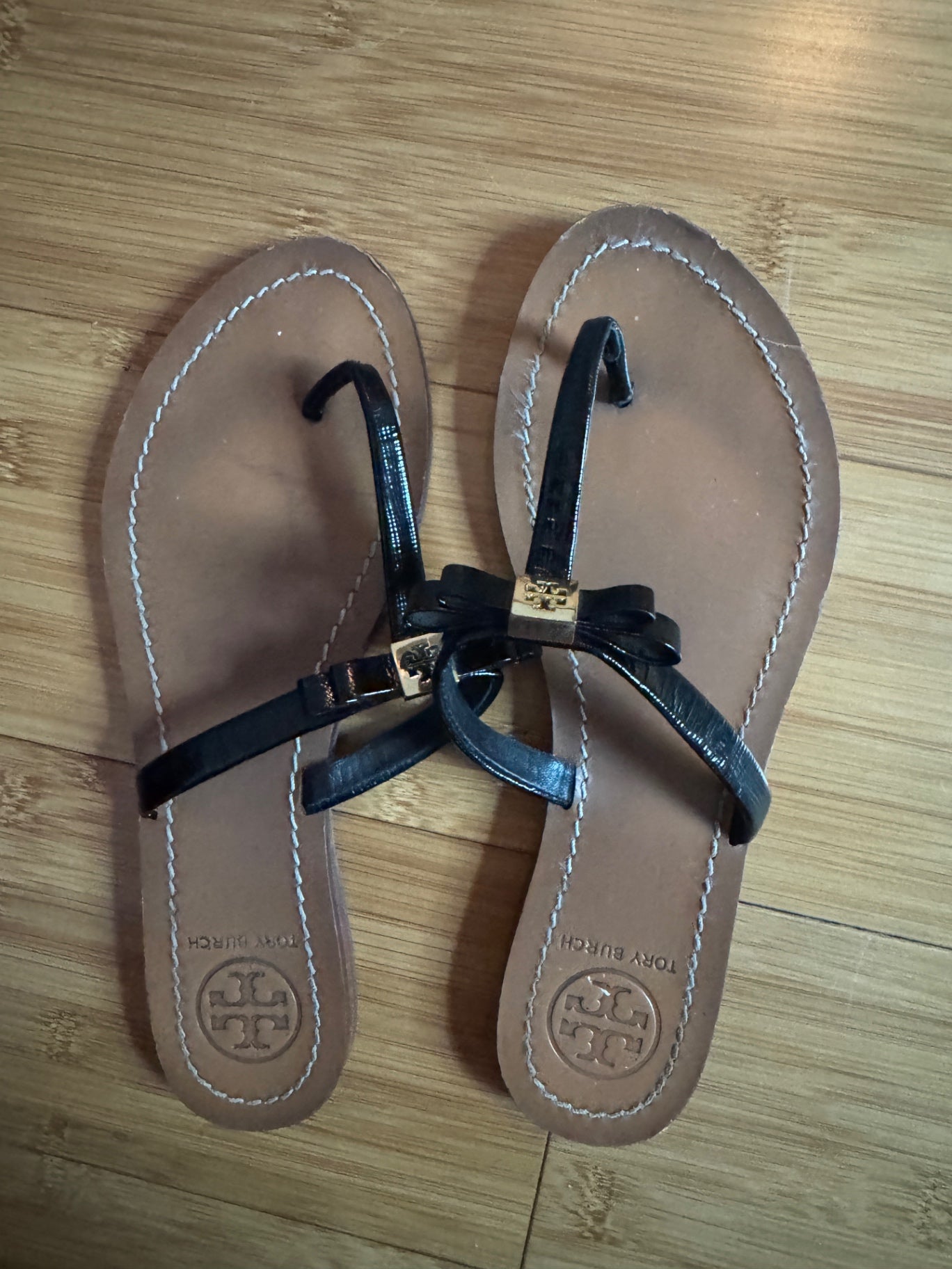 Black Tory Burch Monogram Bow Flip Flops 7