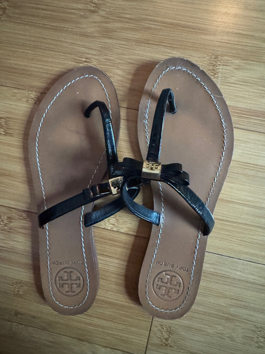 Black Tory Burch Monogram Bow Flip Flops 7