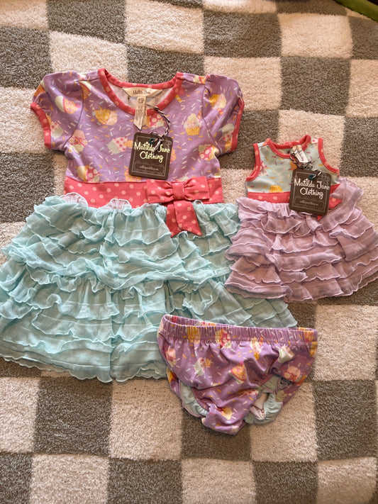 MJ 1st Birthday Outfit w bloomer & matching doll dress
