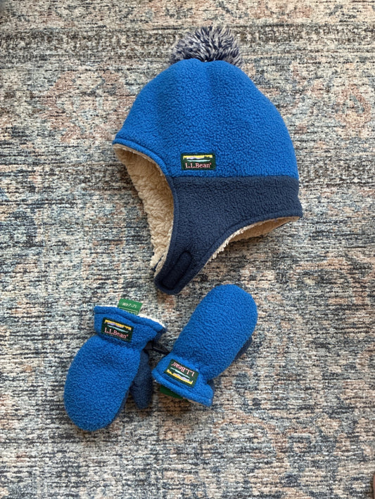 L.L.Bean Hat with ear flaps and a pom-pom, matching gloves 12-24 mo. Very Good